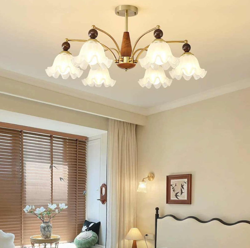 Lámpara de araña con forma de rama de madera y cristal, color blanco