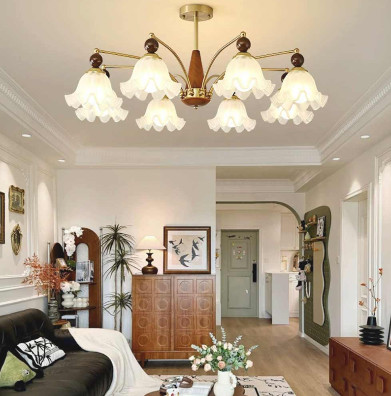 Lámpara de araña con forma de rama de madera y cristal, color blanco